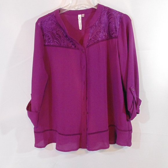 NY Collection Tops - NY Collection Petite L/S Button Sleeve Split Neck Top, Purple Size PL velvet acc